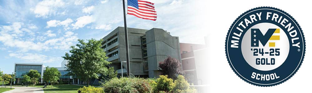 Military friendly school logo and a front view of the FLCC main campus building.